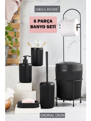 UltraMint 6 Parça Siyah Banyo Seti: Metal Standlı Wc Kağıtlık, Kova, Fırça, Sabunluk, Diş Fırçalık