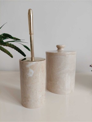 UltraMint Şık Doğal Bej Mermer Wc Fırçası ve Çöp Kovası Seti