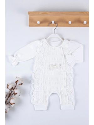 Hazego Gofralı Fransız Güpürlü % 100 Pamuk Kız Bebek Tulumu
