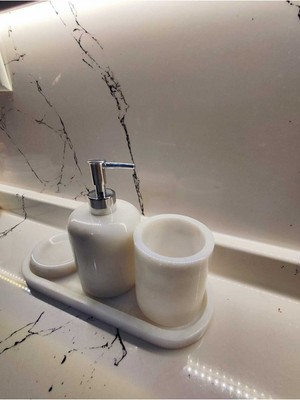 UltraMint Şık 4'lü Mermer Banyo Seti, Doğal Taş Sabunluk ve Aksesuarlar