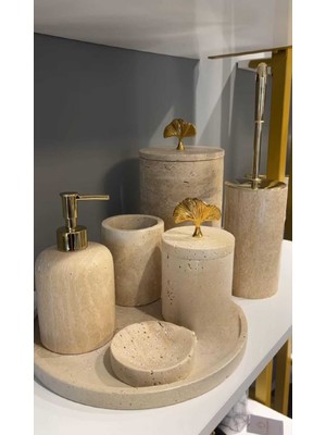 UltraMint Doğal Traverten Mermer Yaprak Detaylı 7'li Banyo Seti