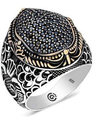 Fumeyabi Gümüş Siyah Zirkon Taşlı Oval Erkek Yüzük