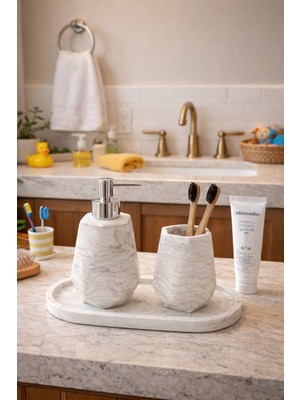 UltraMint Mermer Görünümlü 3'lü Banyo Seti Sıvı Sabunluk ve Diş Fırçalık Takımı