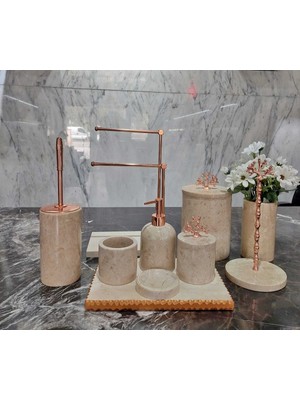 UltraMint Bej Mermer Banyo Seti, 10'lu, Havluluk, Mercan, Bakır Detaylar
