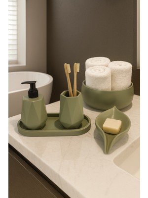 UltraMint Şık 5 Parça Geometrik Banyo Seti, Sabunluk, Diş Fırçalık ve Havluluk