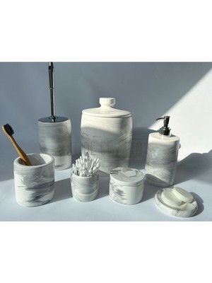 UltraMint Şık Mermer Görünümlü Banyo Seti: Çöp Kovası, Tuvalet Fırçası, Sabunluk, Pamukluk