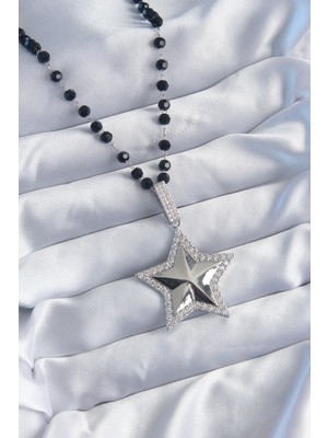Nuveden Ieg™ Gümüş Renk Siyah Boncuk Zirkon Taşlı Pirinç Yıldız Model Vip Seri Kadın Kolye Nvdn-