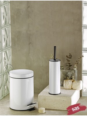 UltraMint Pratik 3 Lt Metal Çöp Kovası ve Tuvalet Fırçası Seti, Beyaz