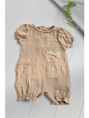 Hazego Müslin Kumaş Çiçek Nakışlı Pamuklu Kız Bebek Tulum