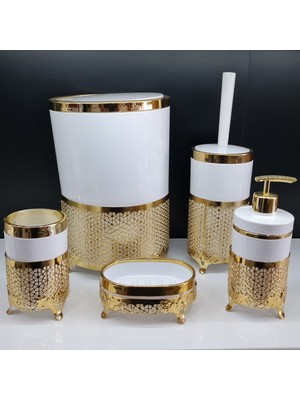 UltraMint Şık 5 Parça Yuvarlak Akrilik Ferforje Kafes Banyo Seti Beyaz Gold