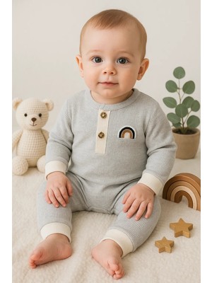 Hazego Waffle Gökkuşağı Nakışlı Erkek Bebek Tulumu