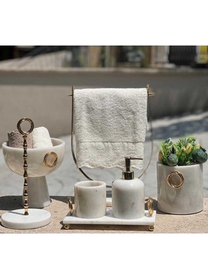 UltraMint Şık Beyaz Mermer Banyo Seti, 7 Parça, Gold Detaylı, Mermer Kase ve Havluluk