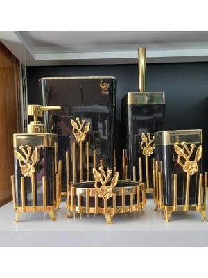 UltraMint Şık Siyah Akrilik 5'li Banyo Seti, Zarif Japon Güllü Tasarım