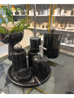 UltraMint Şık Siyah Mermer 8'li Banyo Seti Aksesuar Detaylı Dekoratif Tasarım