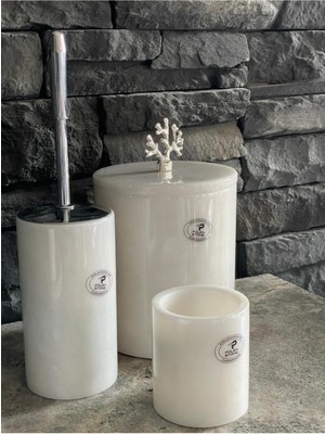 UltraMint Beyaz Mermer Çöp Kovası, Wc Fırçalığı ve Diş Fırçalık 3'lü Set