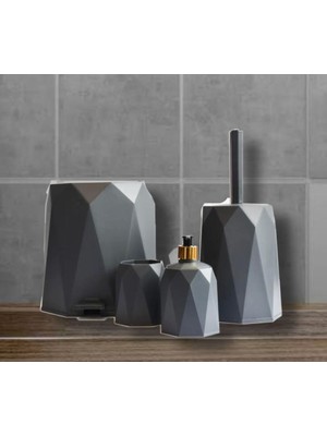 UltraMint 4'lü Gri Banyo Seti, Çöp Kovası, Tuvalet Fırçası, Lavabo Takımı