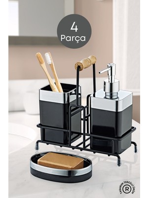 UltraMint Krom Detaylı Metal Standlı Siyah Banyo Seti, Sıvı ve Katı Sabunluk, Diş Fırçalık