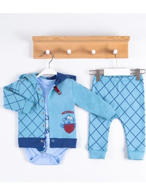 Hazego Cep Desenli Kapişonlu % 100 Pamuk Hırkalı 3'lü Erkek Takım