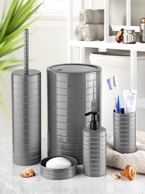 UltraMint Gri Yuvarlak Banyo Seti 5'li, Çöp Kovası, Diş Fırçalık, Sıvı Sabunluk