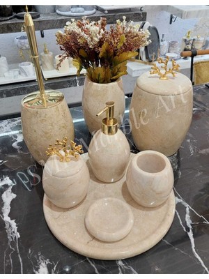 UltraMint Doğal Bej Mermer Banyo Seti, 7 Parça, Vazo ve Detaylar