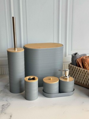 UltraMint Akrilik 5 Parça Banyo Seti, Bambu Kapaklı, Gri Renkli, Şık ve Fonksiyonel