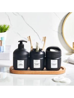 UltraMint Şık Ahşap Standlı Cam Banyo Seti, Sabunluk, Diş Fırçalık ve Pamukluk