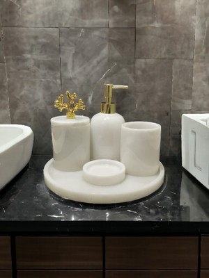 UltraMint Şık Mermer Tasarımlı 5 Parça Banyo Seti, Gold Aksesuar Detaylı