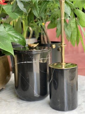 UltraMint Şık Siyah Mermer Görünümlü Çöp Kovası ve Tuvalet Fırçası Seti