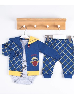 Hazego Cep Desenli Kapişonlu % 100 Pamuk Hırkalı 3'lü Erkek Takım