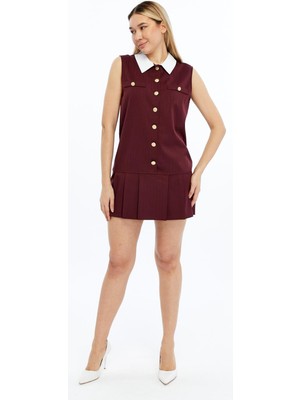 Select Moda Kadın Çizgili Düğmeli  Kolsuz Elbise