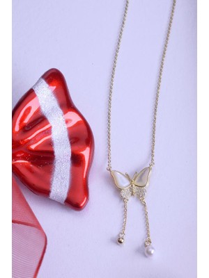 Innuendo Jewelry 925 Ayar Gümüş Sedefli Incili Taşlı Kelebek Kolye
