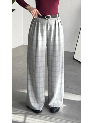 Asfa Moda Kadın Gri Ekoseli Kareli Yüksek Bel Bol Paça Palazzo Kumaş Pantolon