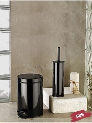 UltraMint Şık Siyah 2'li Banyo Çöp Kovası ve Fırçası Seti, 5 Litre