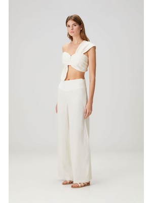 Barine Pamuklu Dokulu Geniş Paça Pantolon Krem