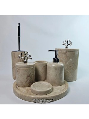 UltraMint Doğal Bej Mermer Banyo Seti, Detaylı 7 Parça, Şık ve Zarif Tasarım