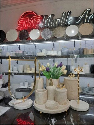 UltraMint Elizya Doğal Bej Mermer 10 Parça Banyo Seti ve Vazo, Gold Detaylı