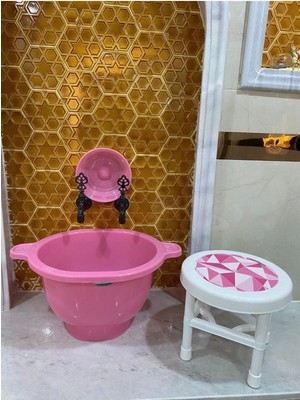 UltraMint Desenli Plastik Tabure Seti, Hamam Tası, Çok Amaçlı ve Şık Tasarım