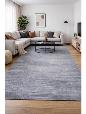 Nesrin Jel Kaymaz Taban Kesme Halı Yolluk Gri Çizgili Makinede Yıkanabilir