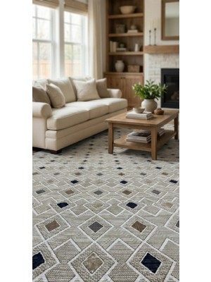 Nesrin Jel Kaymaz Taban Kesme Halı Yolluk Krem Renkli Kendinden Desenli Makinede Yıkanabilir