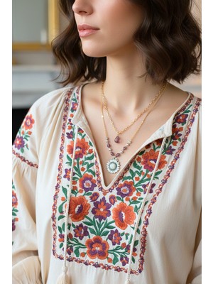 Sassy Takı Bordo Taşlı Uzun Güneş Gold Kolye