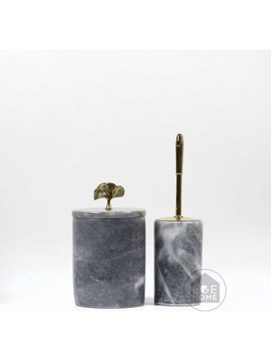 UltraMint Gri Mermer Banyo Seti, Gold Aksesuarlar, Çöp Kovası ve Wc Fırça Takımı
