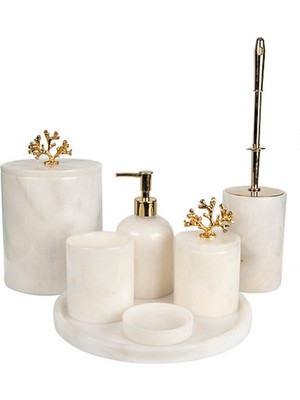 UltraMint Beyaz Mermer ve Gold Detaylı 7'li Banyo Seti, Şıklık ve Zarafet