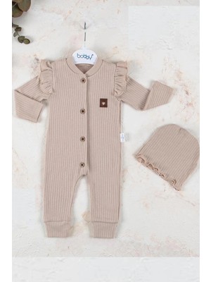 Hazego Boydan Düğmeli Şapkalı % 100 Pamuk Kız Bebek Tulumu