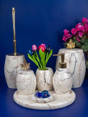 UltraMint Şekeridamarli Mermer Banyo Seti 7'li Gold Aksesuar Detaylı Tasarım