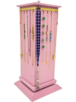 Sezgin Kutu ve Aksesuar Dönerli Bileklik Tesbih ve Takı Standı Pembe Süet