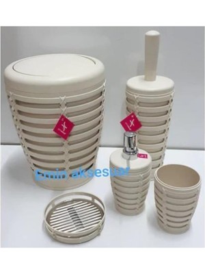 UltraMint Primanova Palm 5 Parça Yuvarlak Banyo Çöp Kovası Seti Bej Krem
