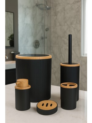 UltraMint Banyo Seti 5 Parça Bambu Desen Siyah, Çöp Kovası, Fırçalık, Sabunluk, Diş Fırçalık