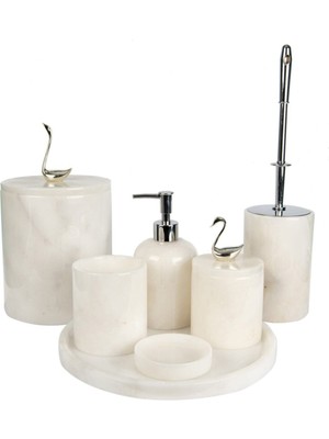 UltraMint Şık Beyaz Mermer Banyo Seti 7'li, Gümüş Kuğu Detaylı, Zarif Tasarım