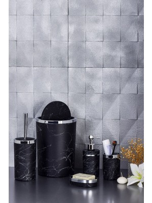 UltraMint Şık 5 Parça Mermer Desenli Banyo Seti: Fırçalık, Sabunluk, Çöp Kovası