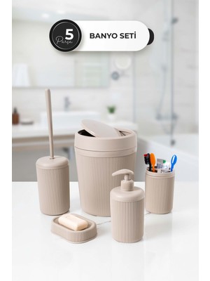 UltraMint 5'li Kahverengi Banyo Seti: Çöp Kovası, Klozet Fırçası, Sabunluk, Diş Fırçalık